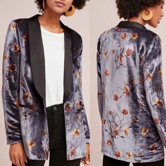 Anthropologie Floral Velvet Tuxedo Blazer Jacket - Picture 6 of 6